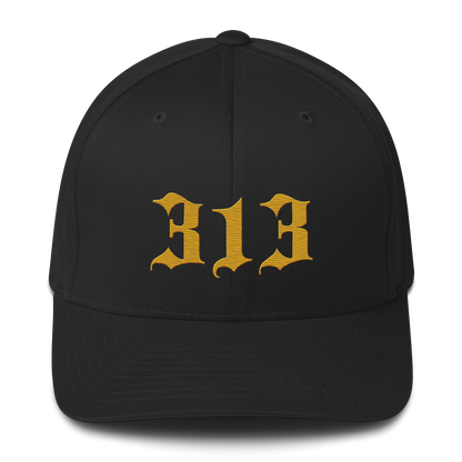 Detroit '313' Fitted Baseball Cap (Old English) | Gold