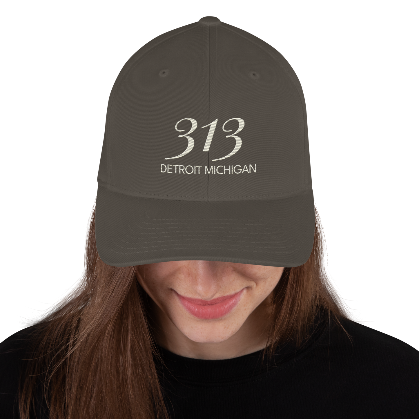 '313 Detroit Michigan' Fitted Baseball Cap | Ivory White