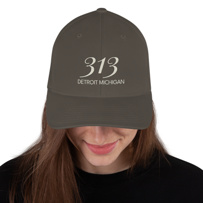 '313 Detroit Michigan' Fitted Baseball Cap | Ivory White