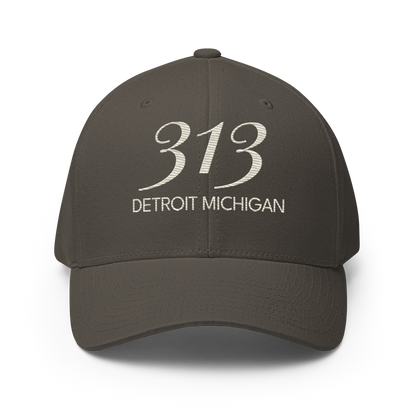 '313 Detroit Michigan' Fitted Baseball Cap | Ivory White