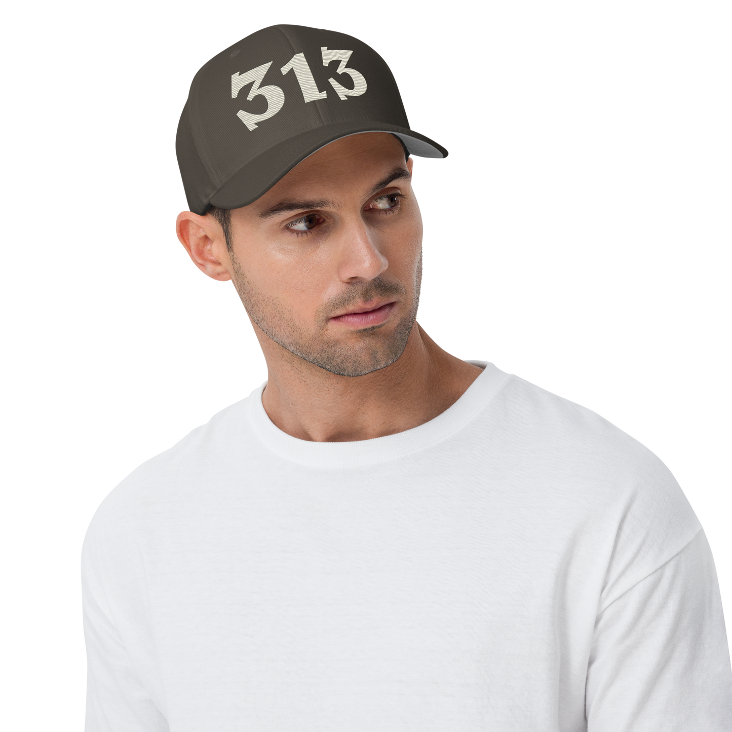 Detroit '313' Fitted Baseball Cap (Angry Font) | Ivory White