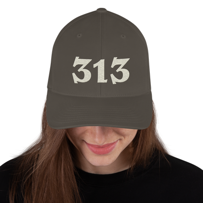 Detroit '313' Fitted Baseball Cap (Angry Font) | Ivory White