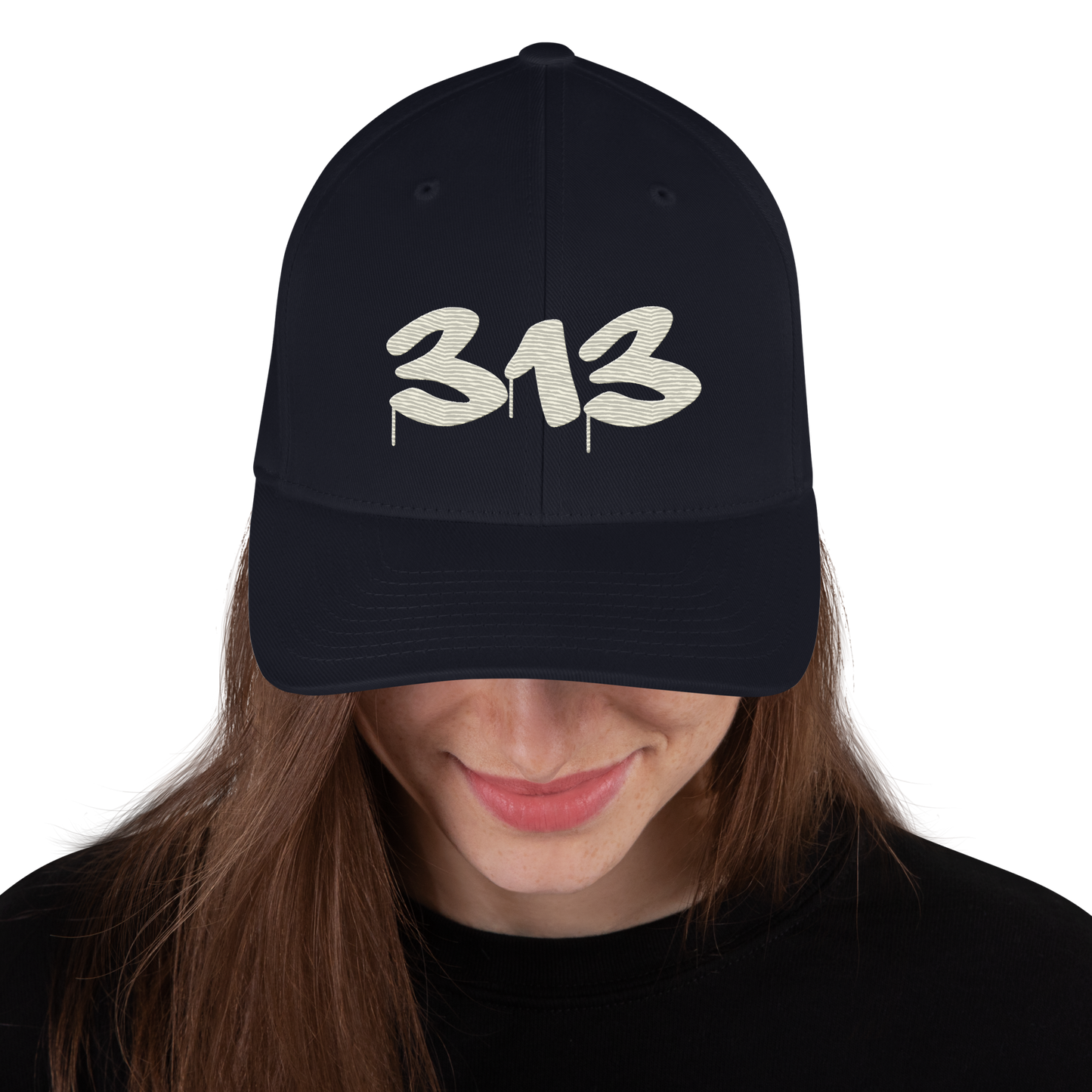 Detroit '313' Fitted Baseball Cap (Tag Font) | Ivory White