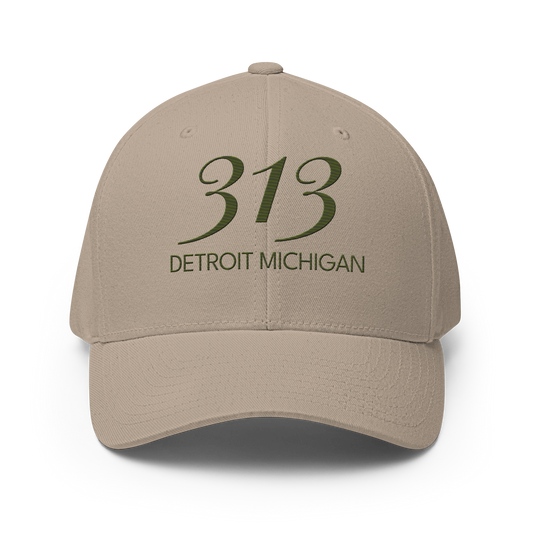 '313 Detroit Michigan' Fitted Baseball Cap | Army Green