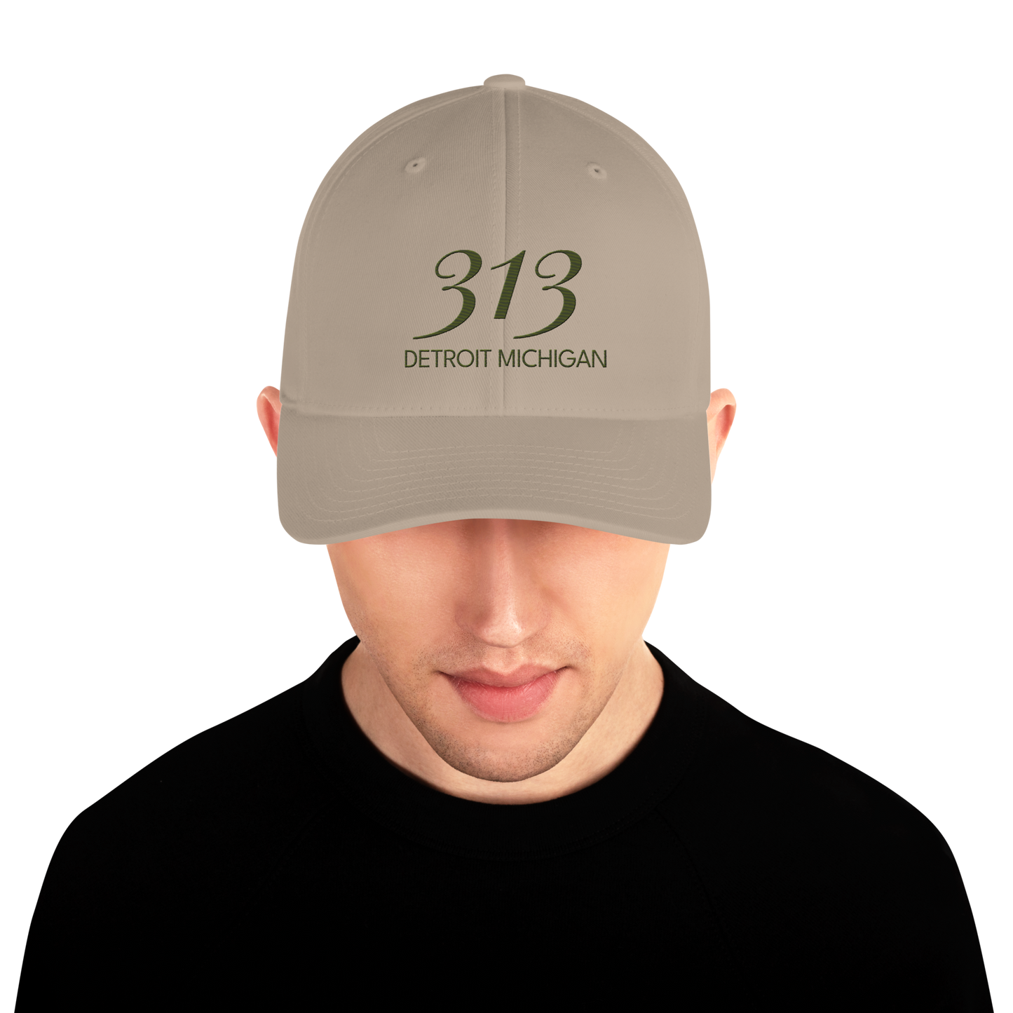 '313 Detroit Michigan' Fitted Baseball Cap | Army Green