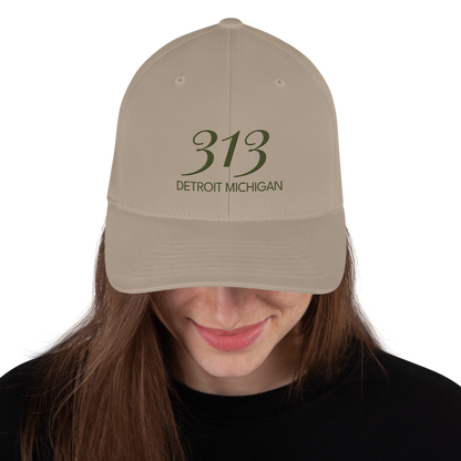 '313 Detroit Michigan' Fitted Baseball Cap | Army Green