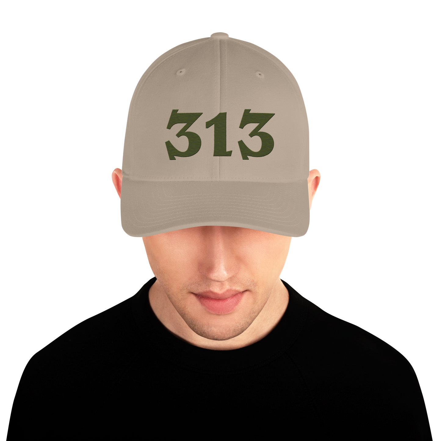 Detroit '313' Fitted Baseball Cap (Angry Font) | Army Green