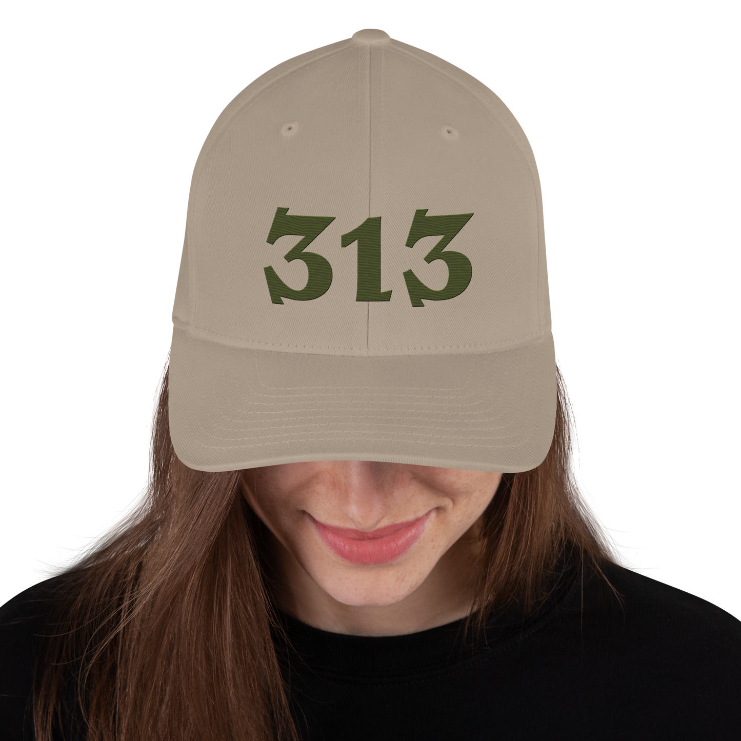 Detroit '313' Fitted Baseball Cap (Angry Font) | Army Green