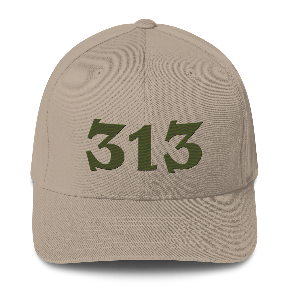 Detroit '313' Fitted Baseball Cap (Angry Font) | Army Green