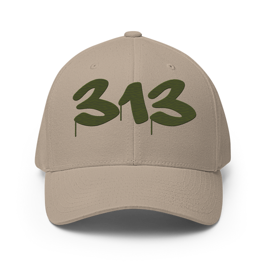 Detroit '313' Fitted Baseball Cap (Tag Font) | Army Green