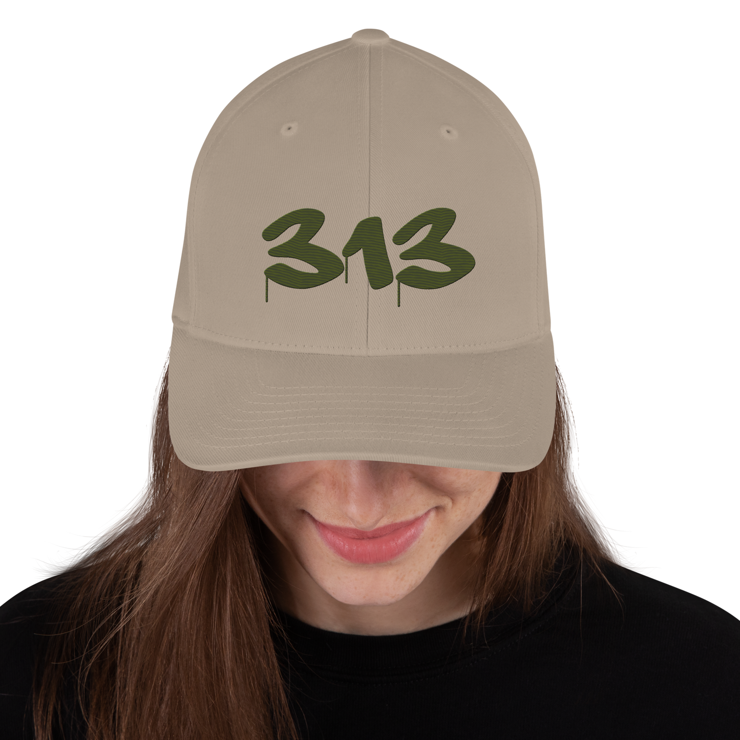 Detroit '313' Fitted Baseball Cap (Tag Font) | Army Green