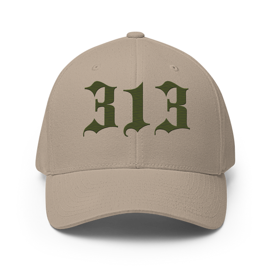 Detroit '313' Fitted Baseball Cap (Old English) | Army Green