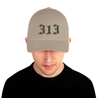 Detroit '313' Fitted Baseball Cap (Old English) | Army Green