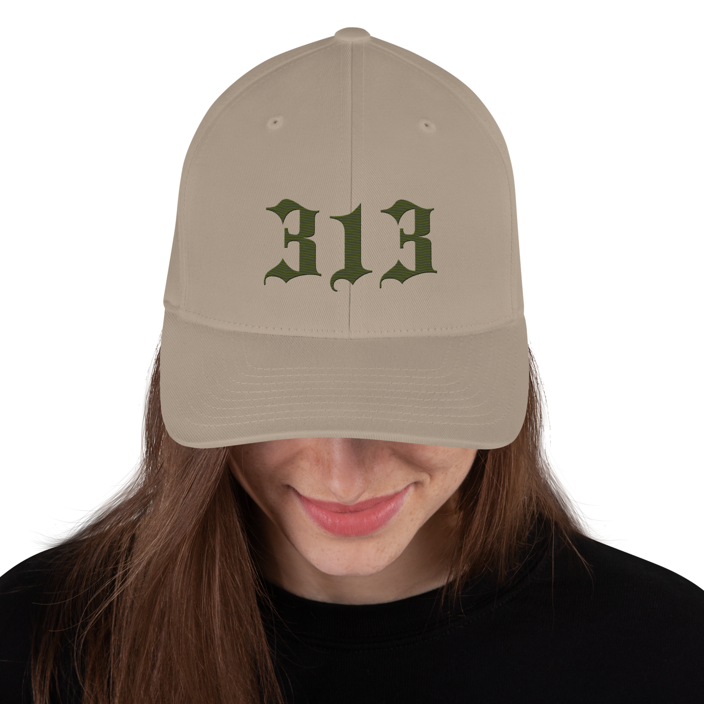 Detroit '313' Fitted Baseball Cap (Old English) | Army Green