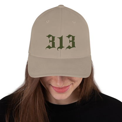 Detroit '313' Fitted Baseball Cap (Old English) | Army Green