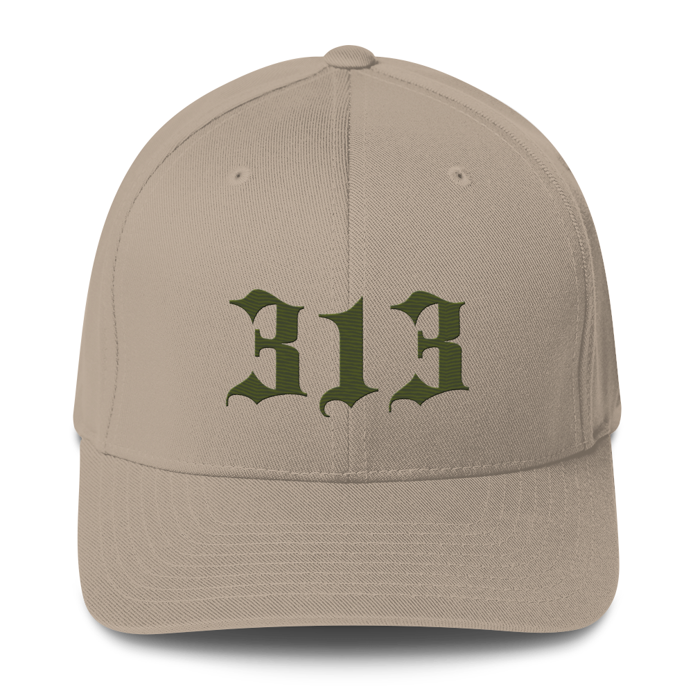 Detroit '313' Fitted Baseball Cap (Old English) | Army Green