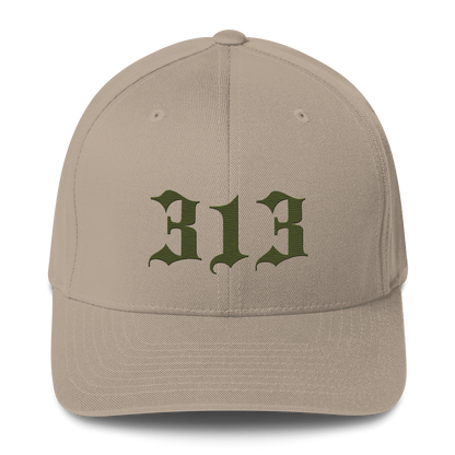 Detroit '313' Fitted Baseball Cap (Old English) | Army Green