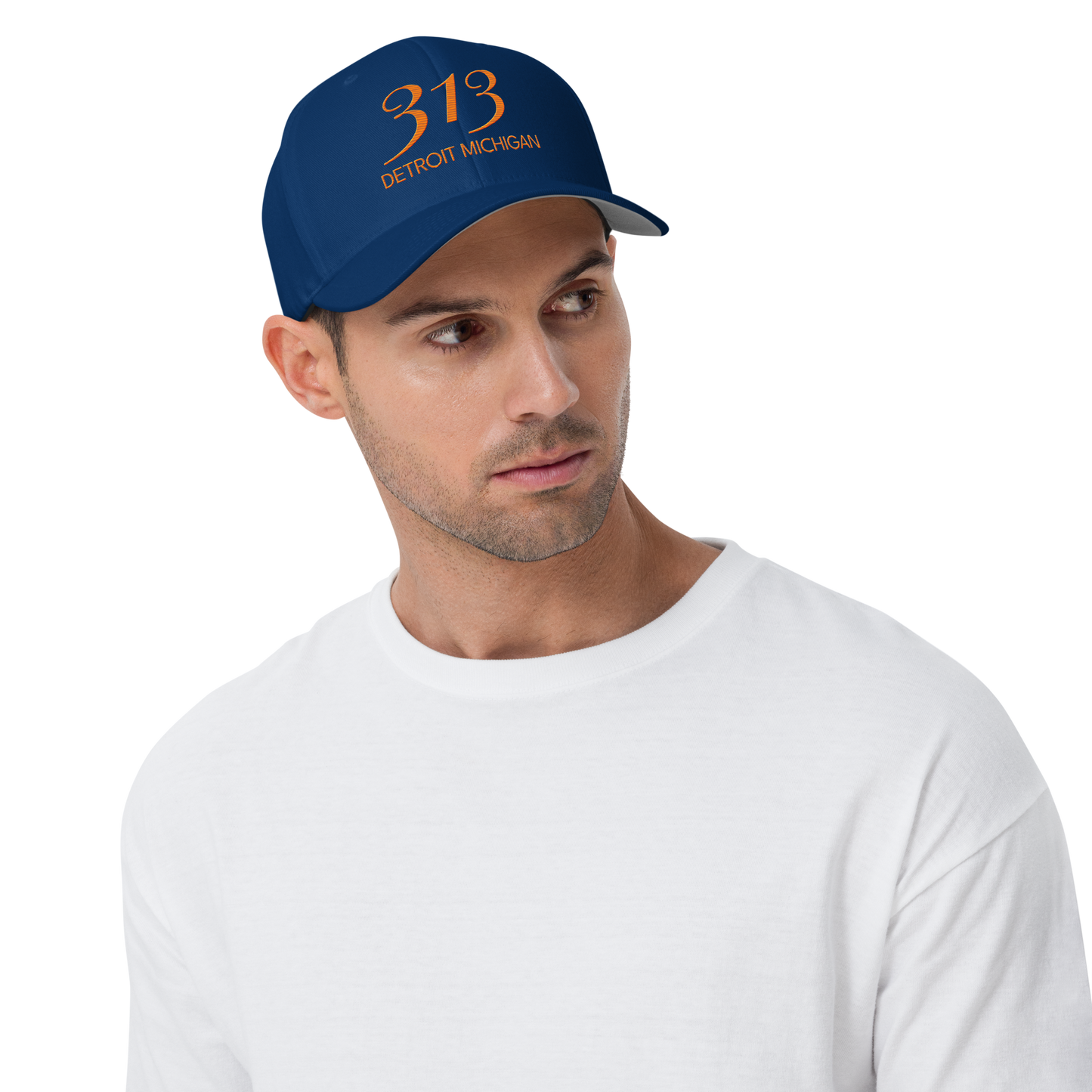 '313 Detroit Michigan' Fitted Baseball Cap | Orange