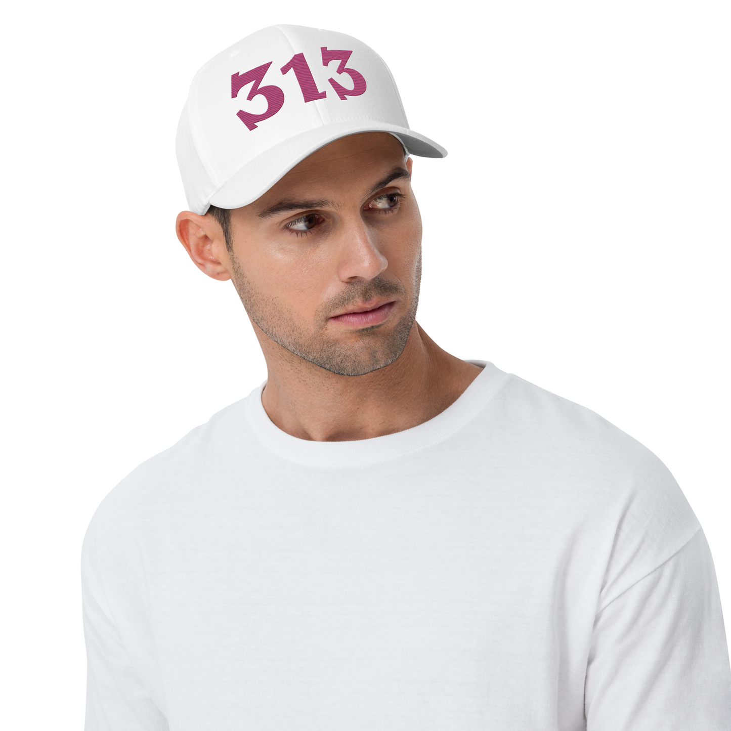 Detroit '313' Fitted Baseball Cap (Angry Font) | Apple Blossom Pink