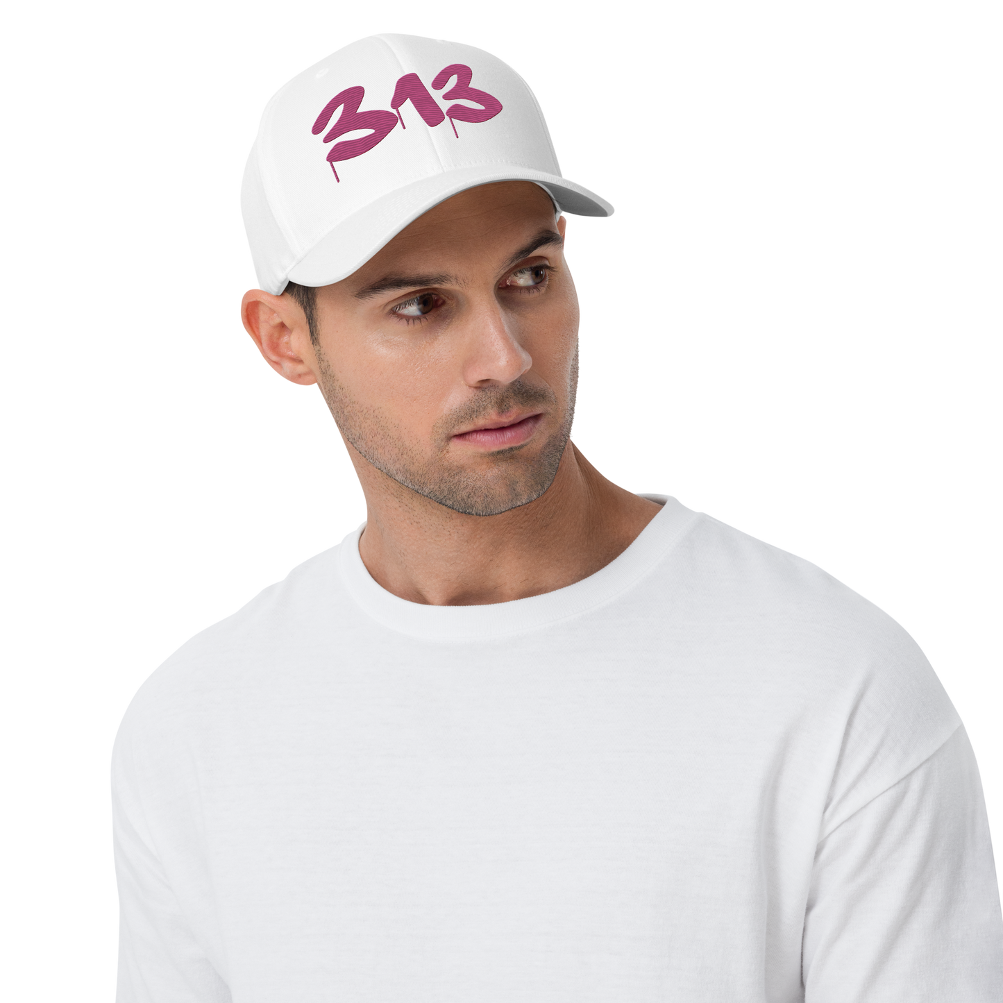 Detroit '313' Fitted Baseball Cap (Tag Font) | Apple Blossom Pink