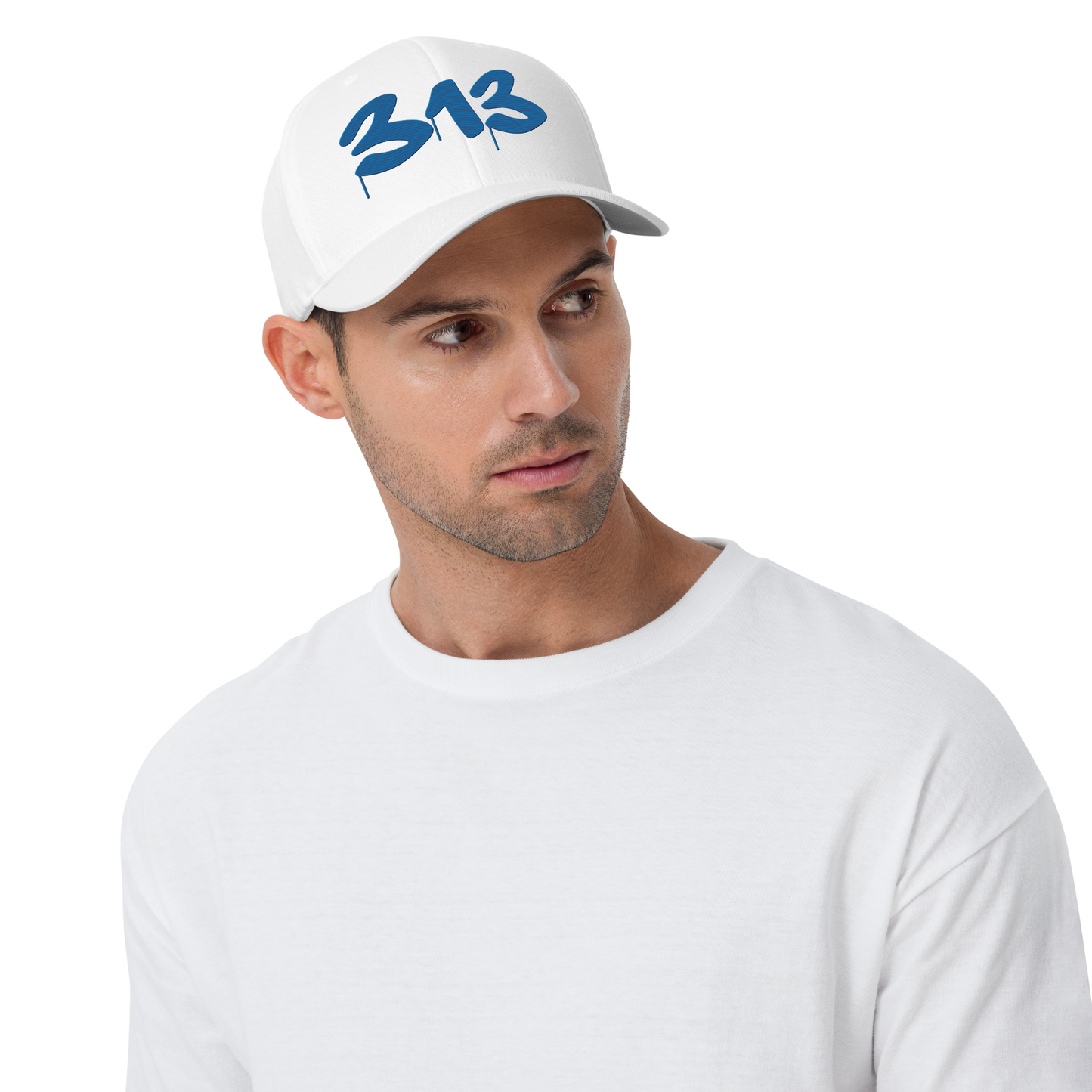 Detroit '313' Fitted Baseball Cap (Tag Font) | Azure