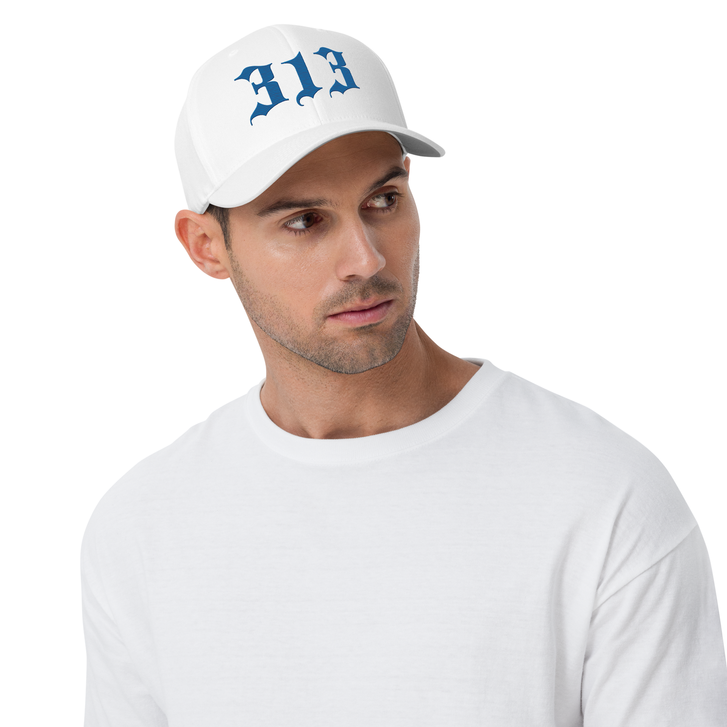 Detroit '313' Fitted Baseball Cap (Old English) | Azure