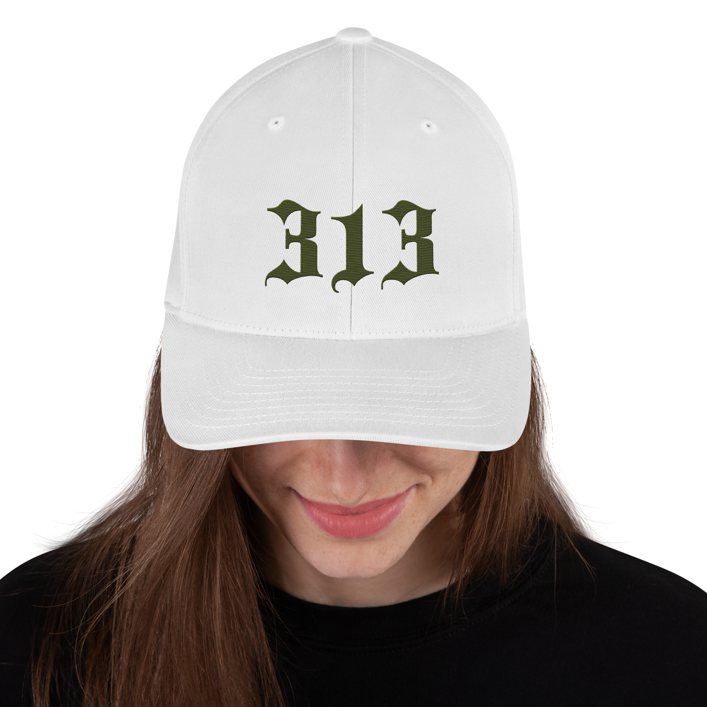 Detroit '313' Fitted Baseball Cap (Old English) | Army Green