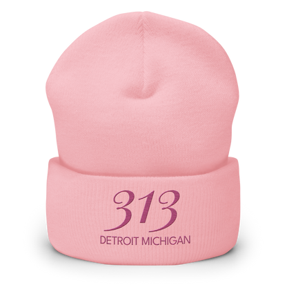 '313 Detroit Michigan' Cuffed Beanie | Apple Blossom Pink