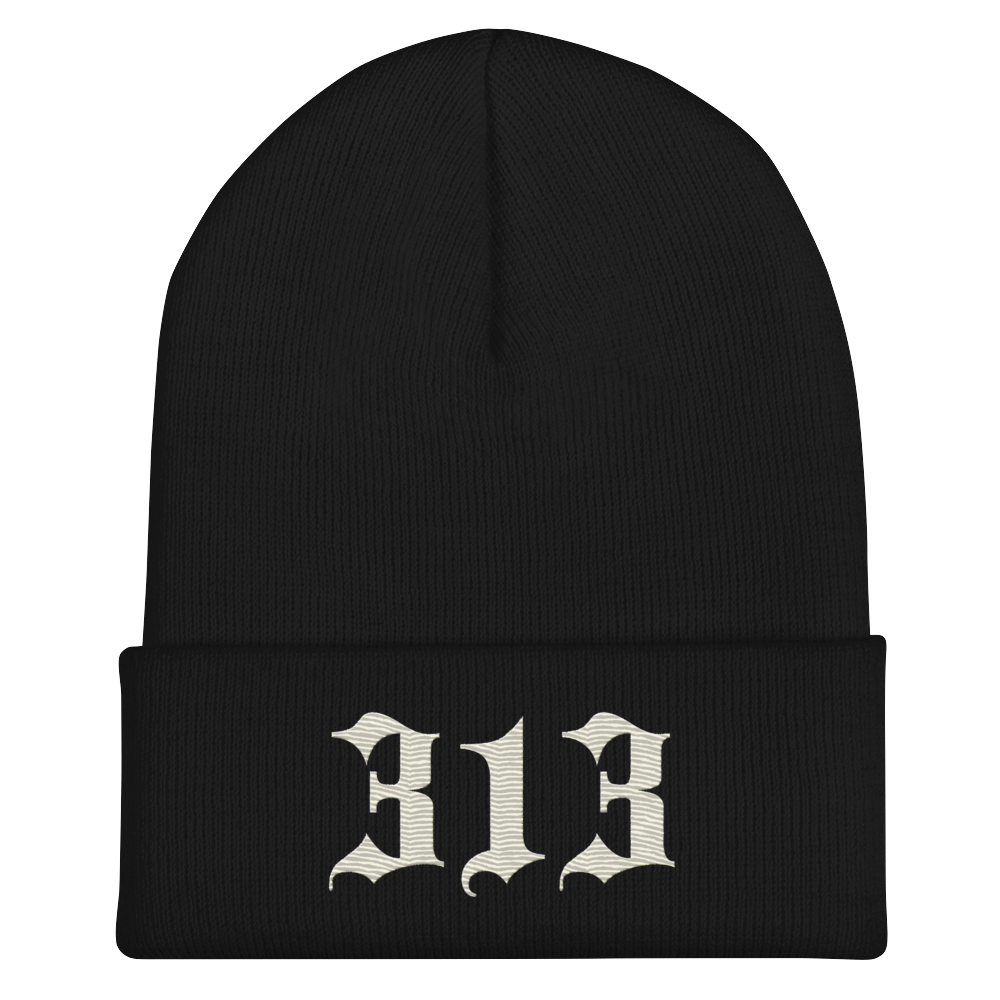 Detroit '313' Cuffed Beanie (Old English Font) | Ivory White