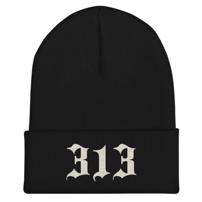 Detroit '313' Cuffed Beanie (Old English Font) | Ivory White