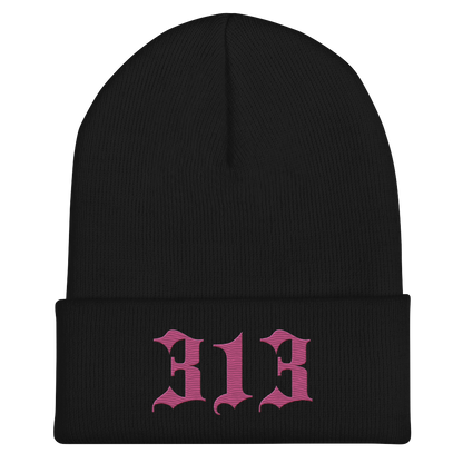 Detroit '313' Cuffed Beanie (Old English Font) | Apple Blossom Pink