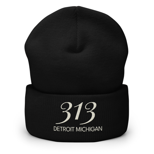 '313 Detroit Michigan' Cuffed Beanie | Ivory White