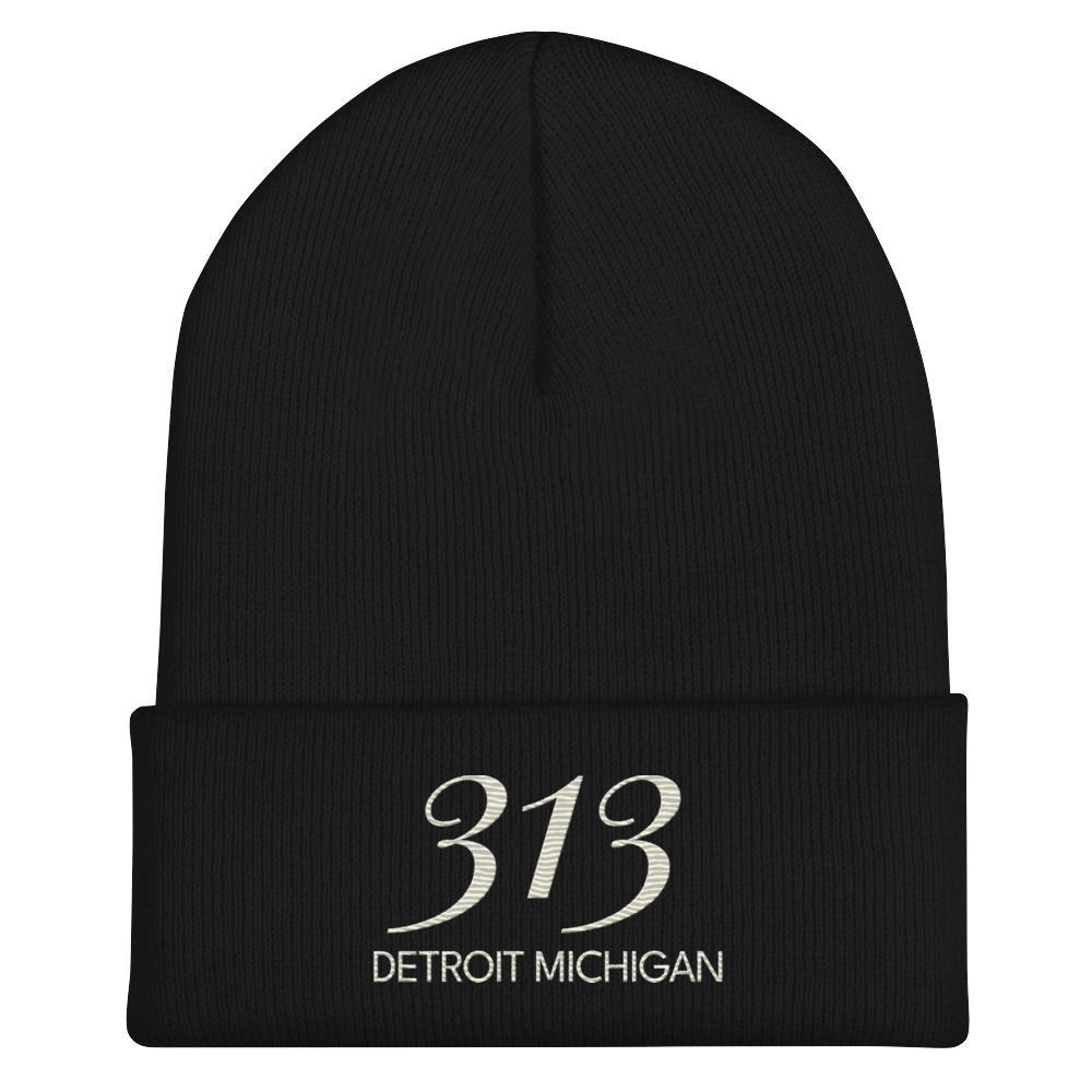 '313 Detroit Michigan' Cuffed Beanie | Ivory White