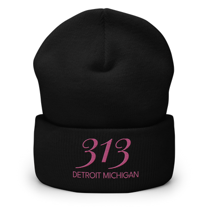 '313 Detroit Michigan' Cuffed Beanie | Apple Blossom Pink