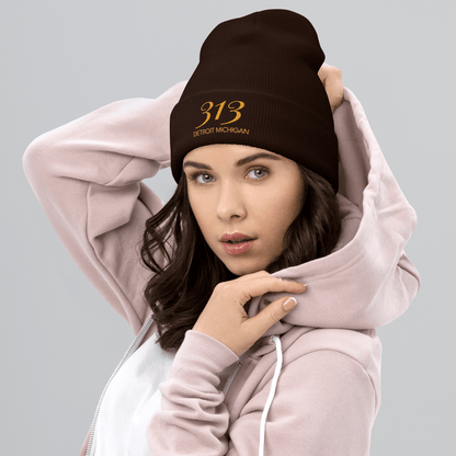 '313 Detroit Michigan' Cuffed Beanie | Gold