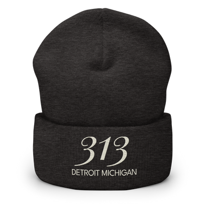 '313 Detroit Michigan' Cuffed Beanie | Ivory White