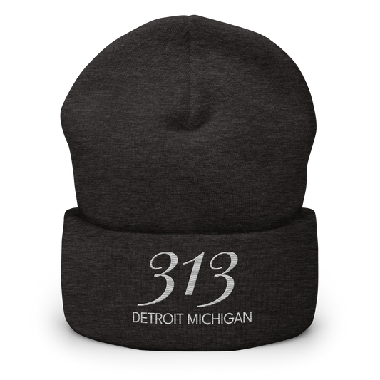 '313 Detroit Michigan' Cuffed Beanie | Platinum