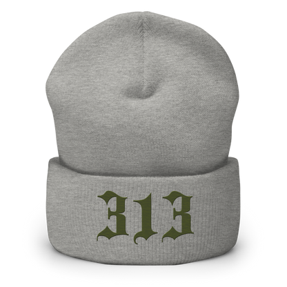 Detroit '313' Cuffed Beanie (Old English Font) | Army Green