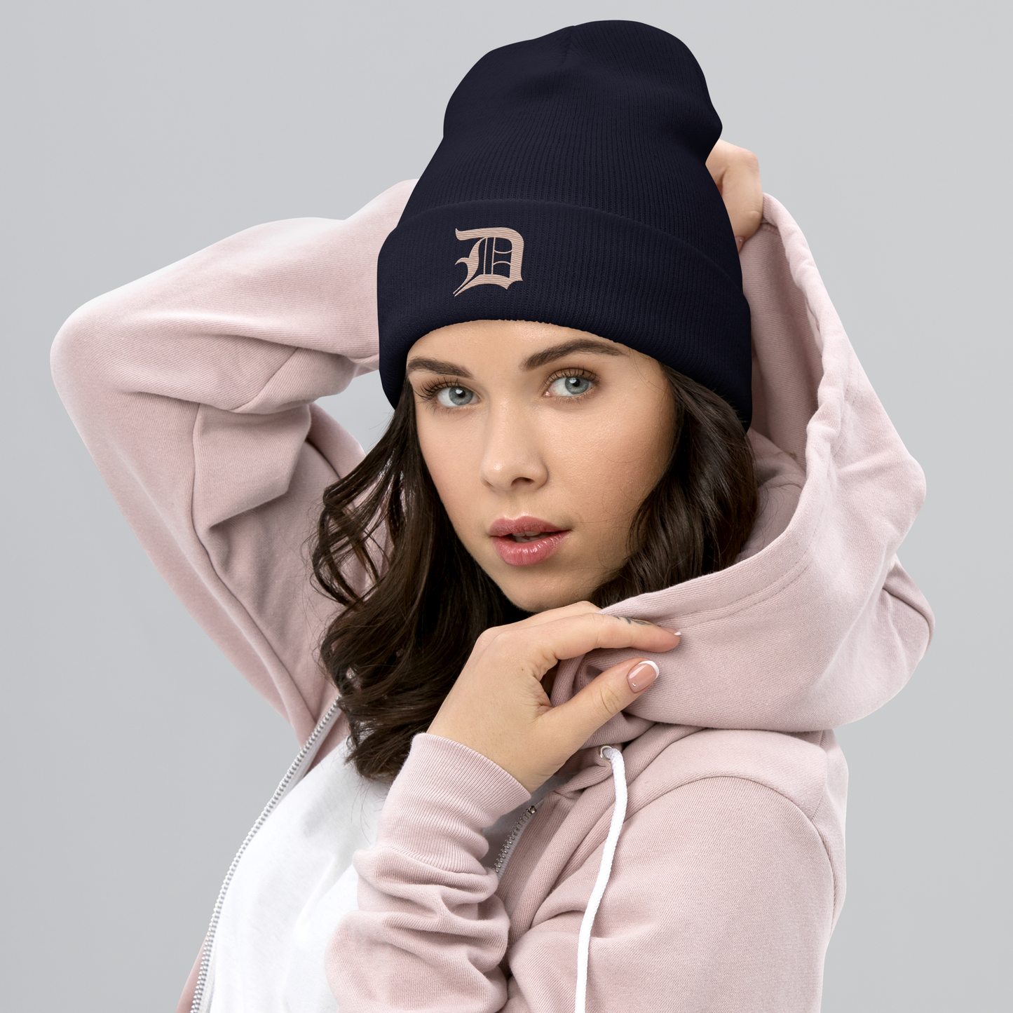 Detroit 'Old English D' Cuffed Beanie (Rose Gold)