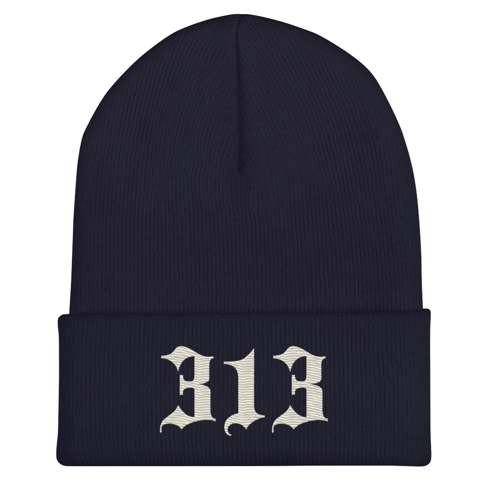 Detroit '313' Cuffed Beanie (Old English Font) | Ivory White