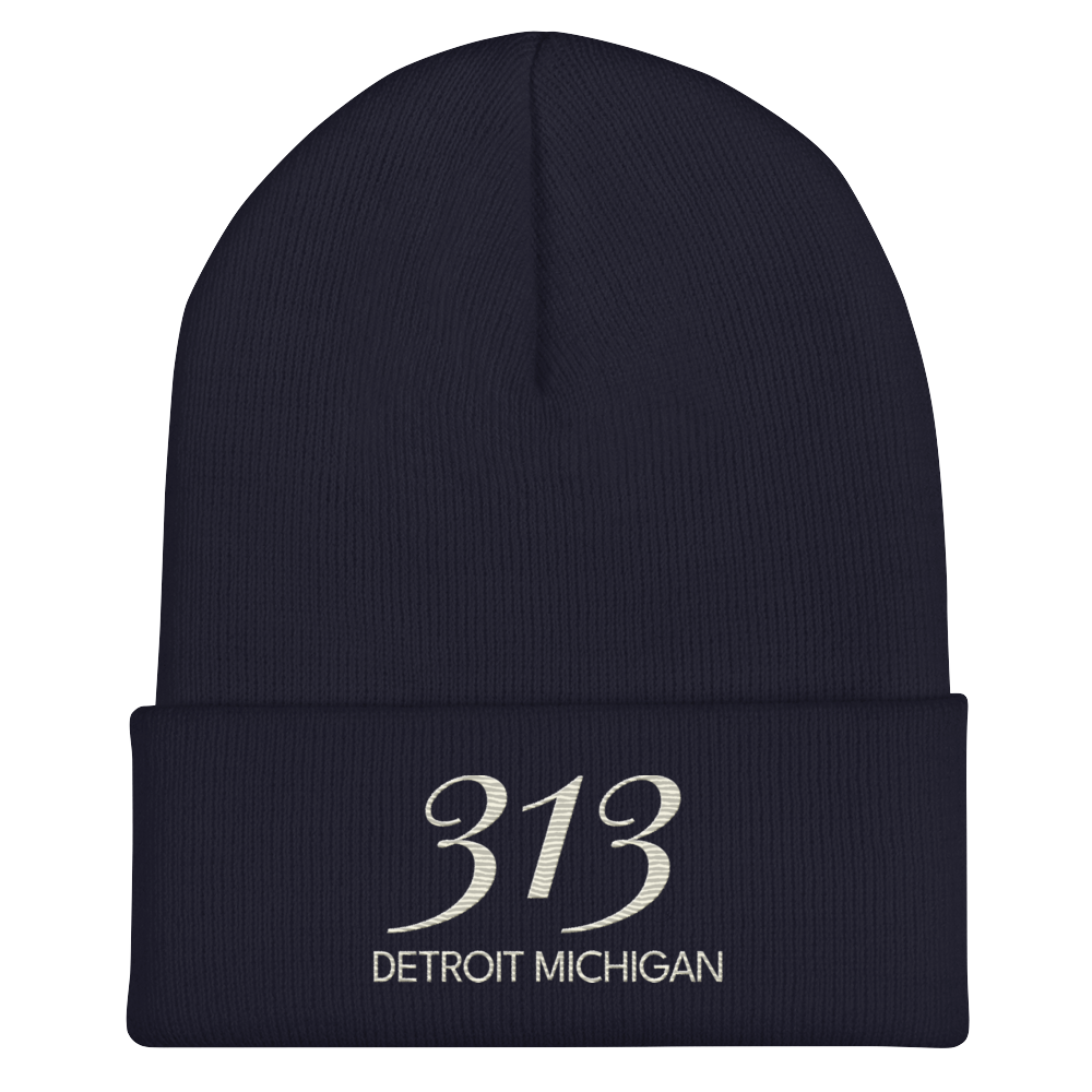 '313 Detroit Michigan' Cuffed Beanie | Ivory White