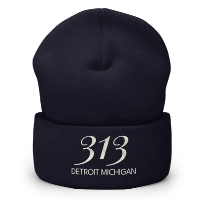 '313 Detroit Michigan' Cuffed Beanie | Ivory White