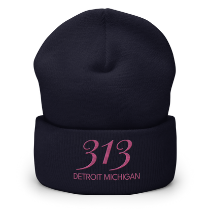 '313 Detroit Michigan' Cuffed Beanie | Apple Blossom Pink