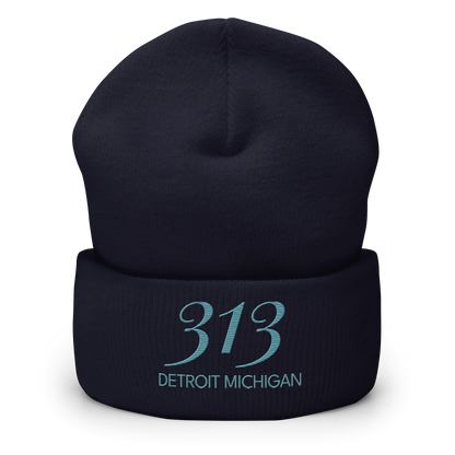 '313 Detroit Michigan' Cuffed Beanie | Huron Blue