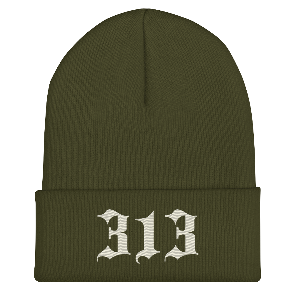 Detroit '313' Cuffed Beanie (Old English Font) | Ivory White