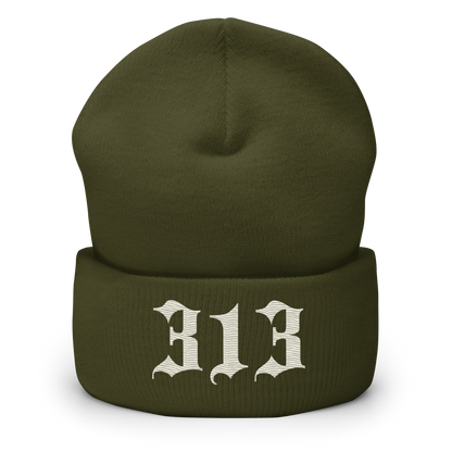 Detroit '313' Cuffed Beanie (Old English Font) | Ivory White