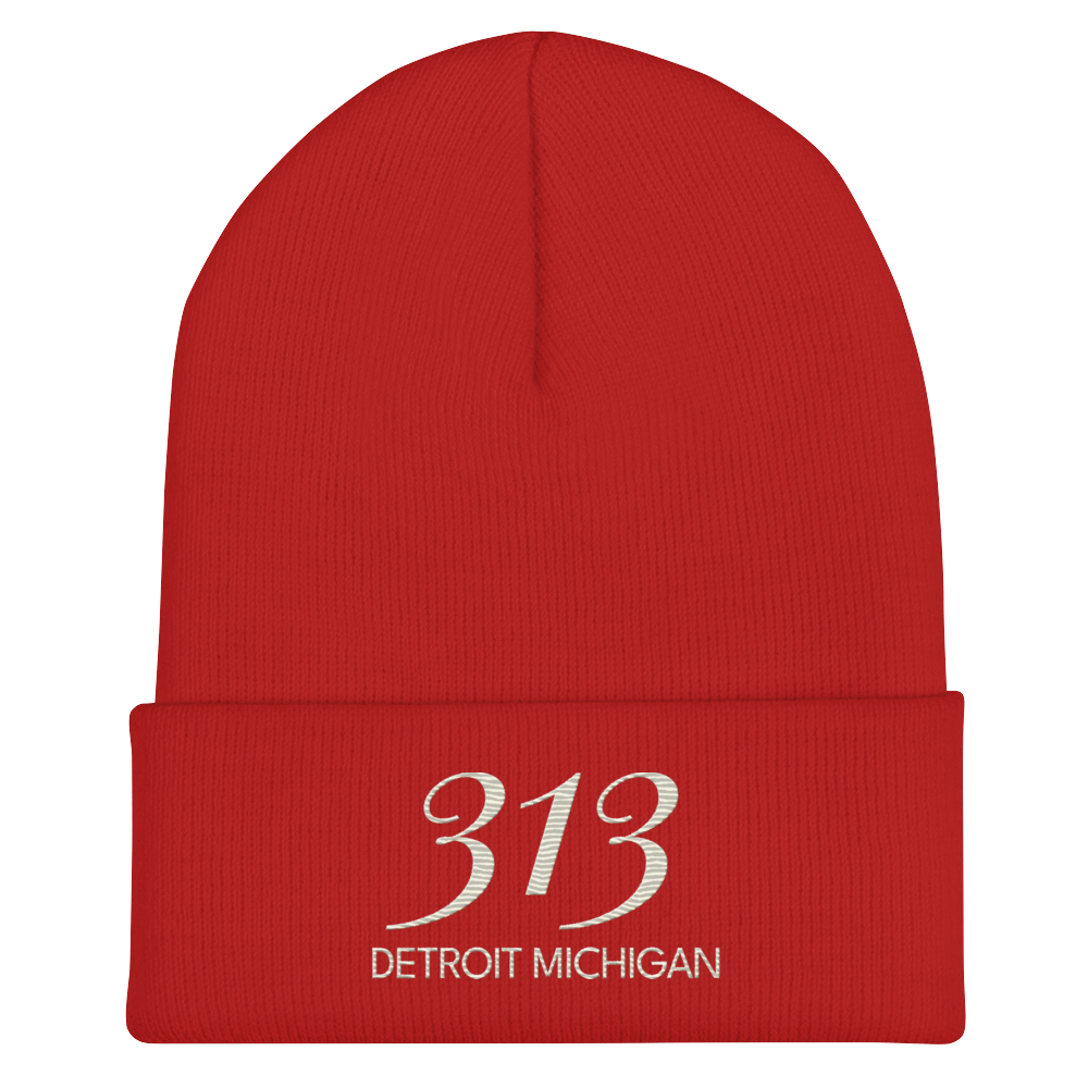 '313 Detroit Michigan' Cuffed Beanie | Ivory White