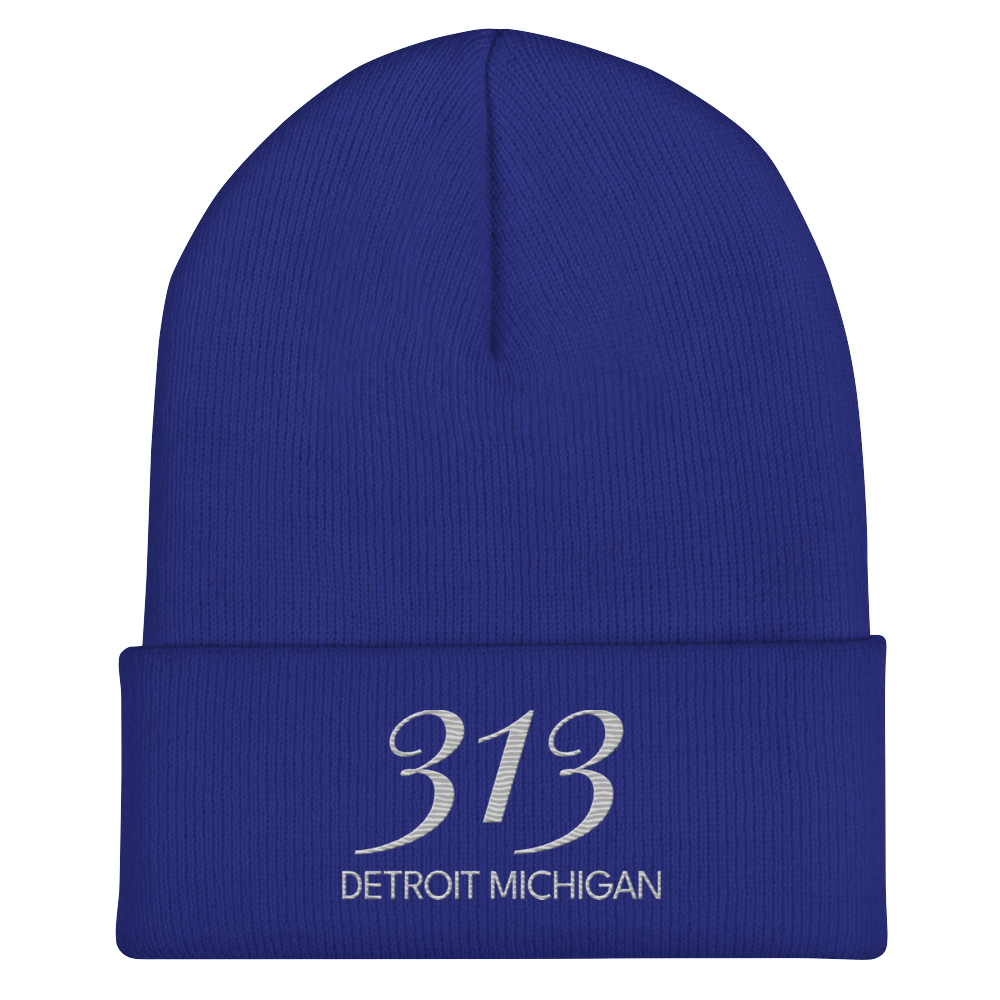 '313 Detroit Michigan' Cuffed Beanie | Platinum