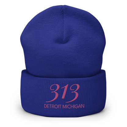 '313 Detroit Michigan' Cuffed Beanie | Apple Blossom Pink