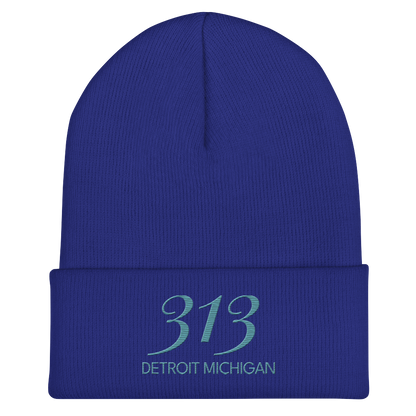 '313 Detroit Michigan' Cuffed Beanie | Huron Blue